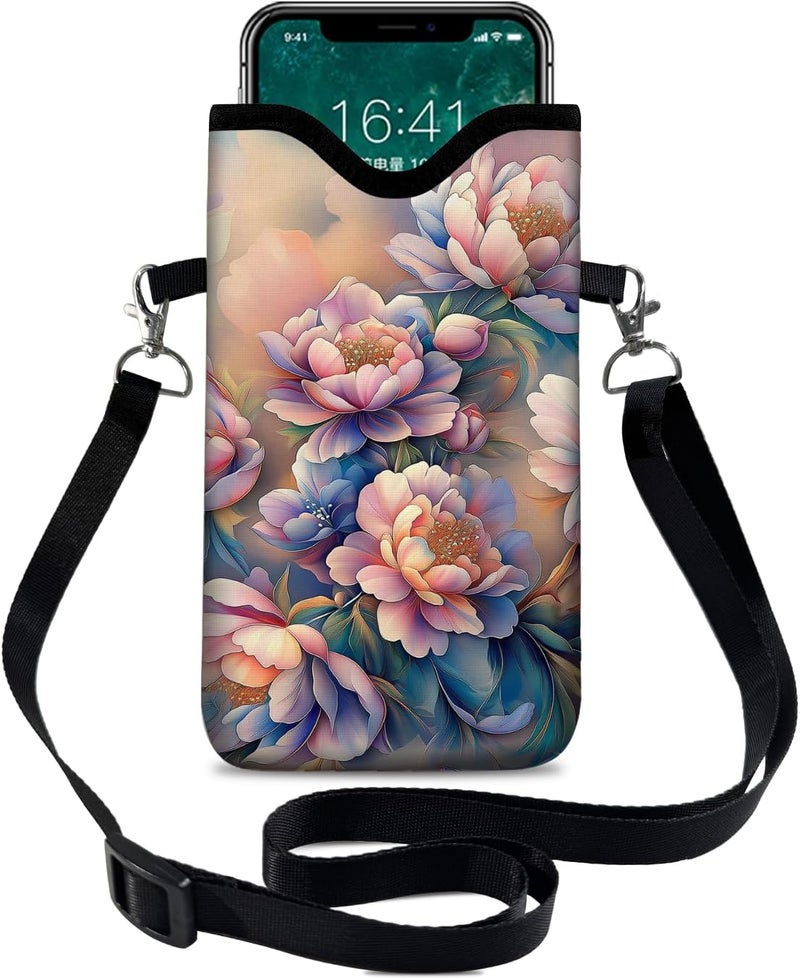 otilil Neoprene Cell Phone Sleeve Pouch Case Bag with Crossbody Strap Neck Lanyard for Women 7.1 X 3.9 in Rich Flower - Image 1